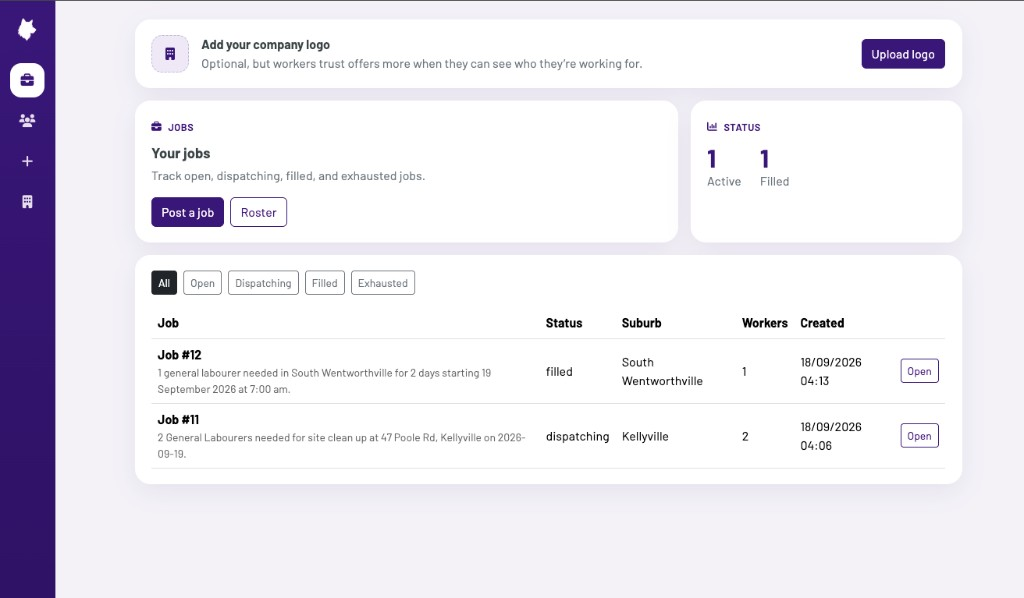 Wolf company portal — Your jobs dashboard